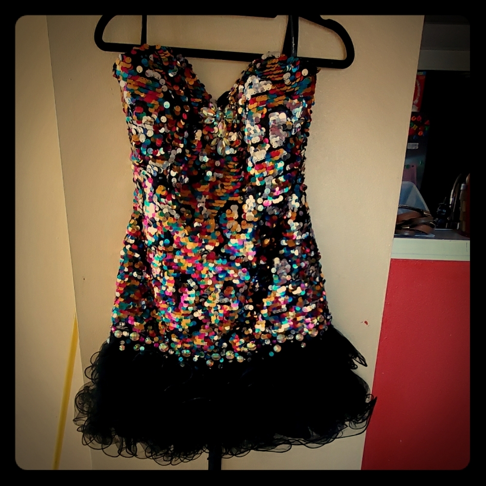 A colorful prom dress , by Party Time.
